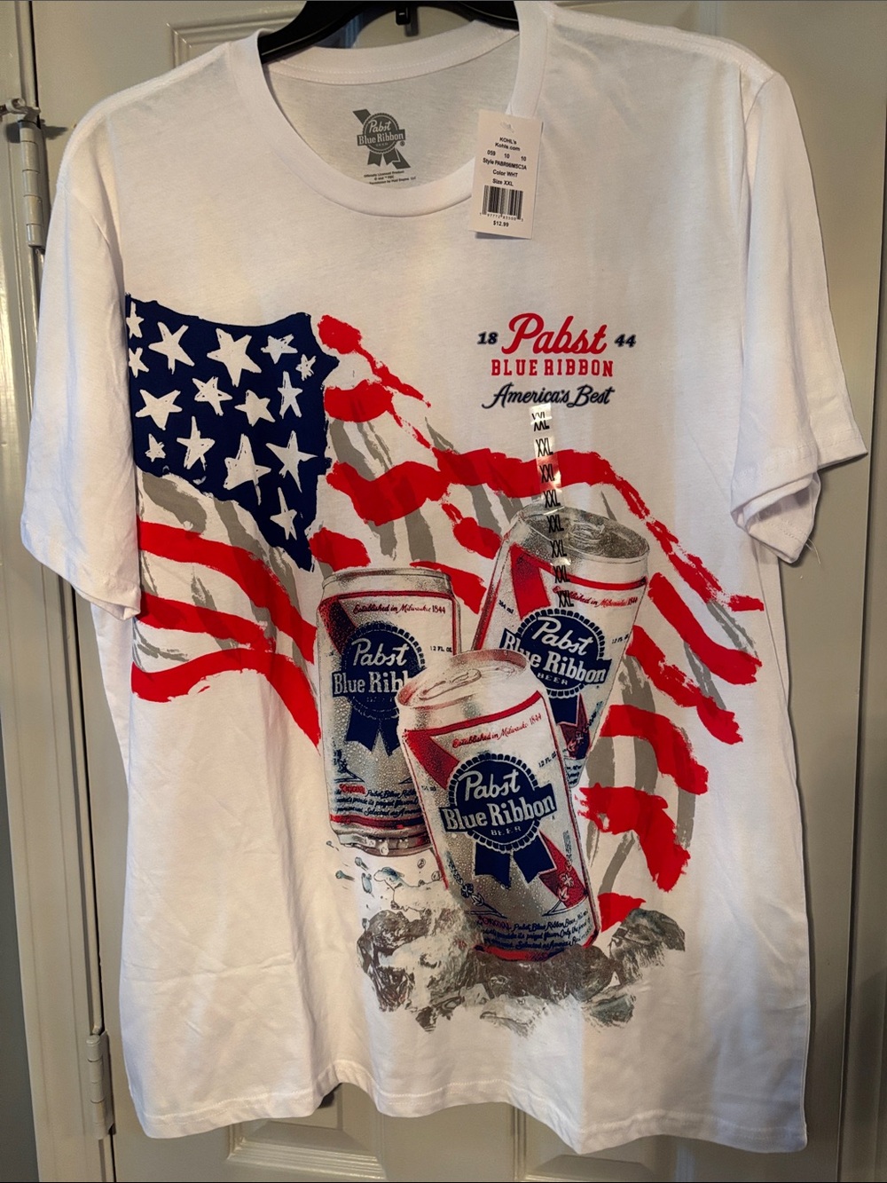 Pabst Blue Ribbon American Flag Patriotic White Tee NWT